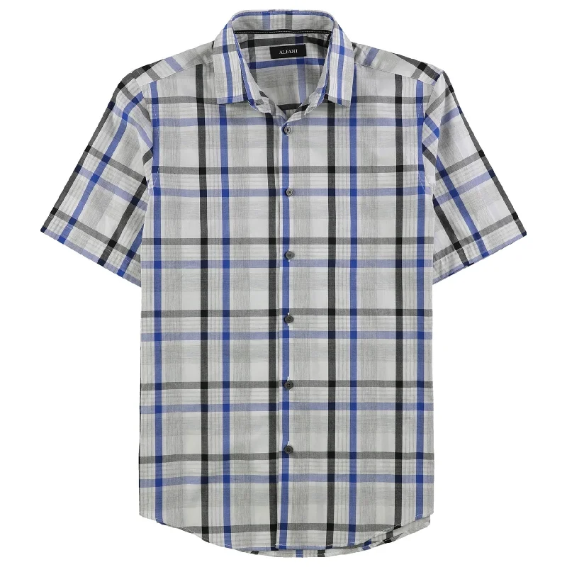 Men's Retro - Style Hawaiian Print Casual Shirts in Bold Patterns for a Tropical VacationAlfani Mens Plaid, Plaid And Plaid Button Up Shirt, Blue, Small Men's Retro - Style Hawaiian Print Casual Shirts in Bold Patterns for a Tropical VacationAlfani Mens Plaid, Plaid And Plaid Button Up Shirt, Blue, Small