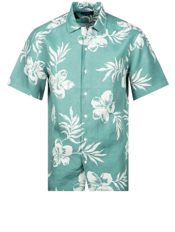 Plus Size Men's Striped Chambray Casual Shirts with a Spread Collar for a Preppy AppearanceContemporary Fit Short Sleeve Linen Floral Shirt Green Plus Size Men's Striped Chambray Casual Shirts with a Spread Collar for a Preppy AppearanceContemporary Fit Short Sleeve Linen Floral Shirt Green