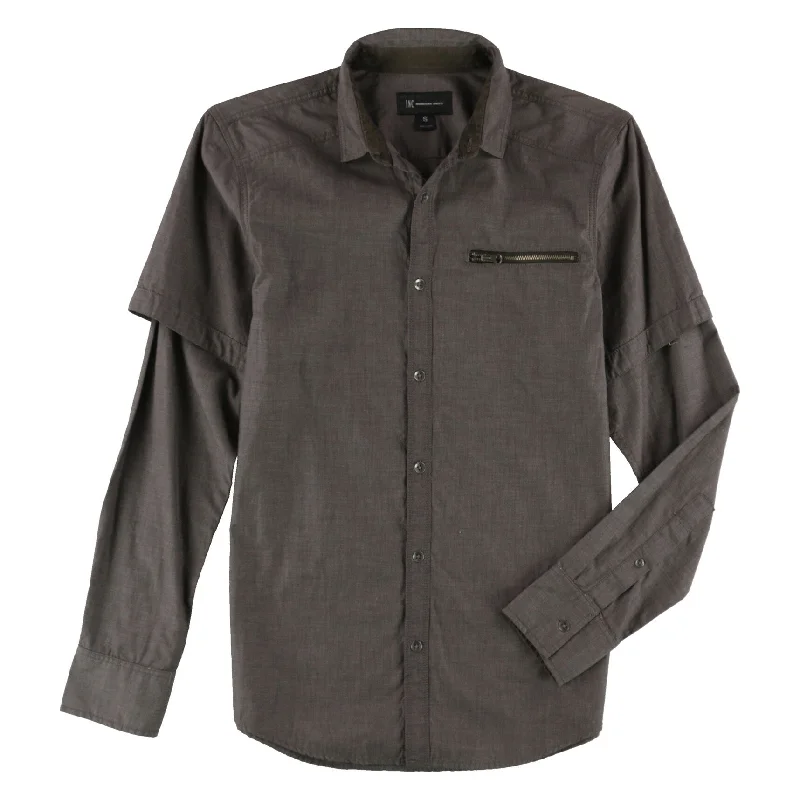 Plus Size Men's Striped Chambray Casual Shirts with a Spread Collar for a Preppy AppearanceI-N-C Mens Layered Zip Button Up Shirt, Brown, Small Plus Size Men's Striped Chambray Casual Shirts with a Spread Collar for a Preppy AppearanceI-N-C Mens Layered Zip Button Up Shirt, Brown, Small