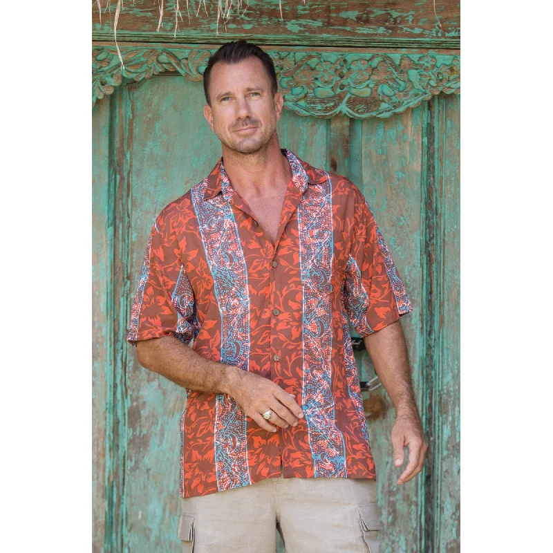 Men's Graphic - Printed Casual Shirts with Pop - Culture References for a Fun and Stylish LookNovica Handmade Cinnabar Forest Mens Batik Rayon Shirt Men's Graphic - Printed Casual Shirts with Pop - Culture References for a Fun and Stylish LookNovica Handmade Cinnabar Forest Mens Batik Rayon Shirt