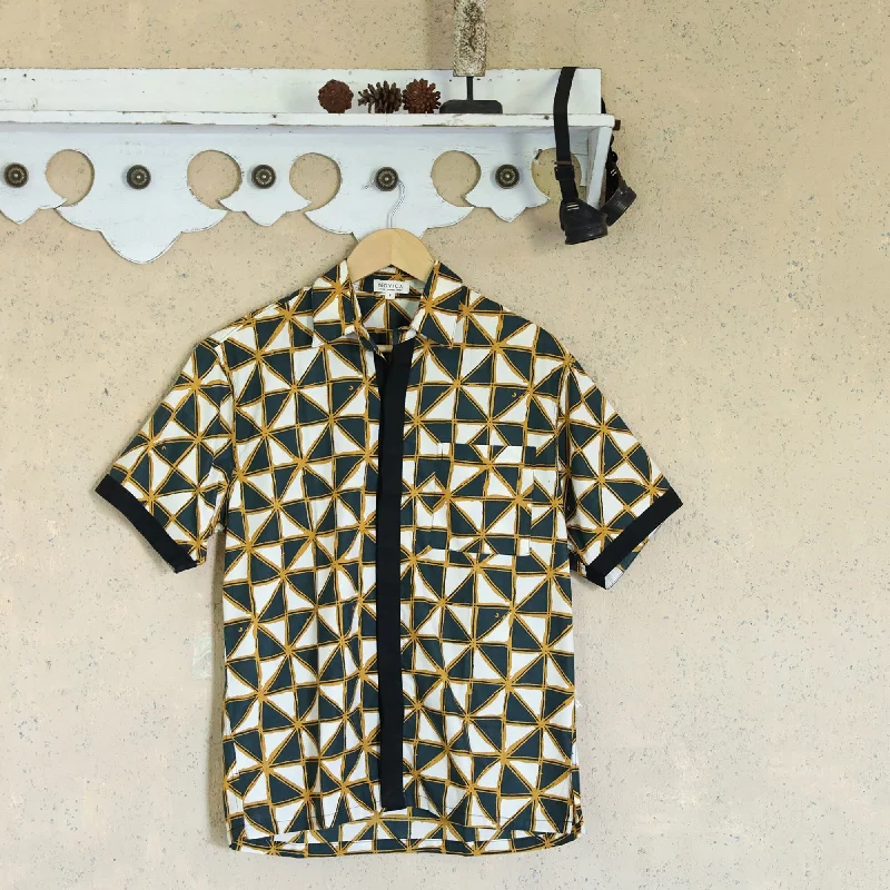 Men's Two - Tone Contrast Panel Casual Shirts in White and Navy for a Stylish and Eye - Catching DesignNovica Handmade Weathervane Mens Batik Cotton Shirt Men's Two - Tone Contrast Panel Casual Shirts in White and Navy for a Stylish and Eye - Catching DesignNovica Handmade Weathervane Mens Batik Cotton Shirt