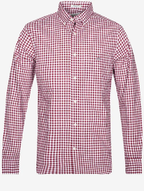 Men's Linen Blend Casual Shirts with Roll - Up Sleeves for a Summer Beach LookRegular Fit Poplin Gingham Shirt Plumped Red Men's Linen Blend Casual Shirts with Roll - Up Sleeves for a Summer Beach LookRegular Fit Poplin Gingham Shirt Plumped Red
