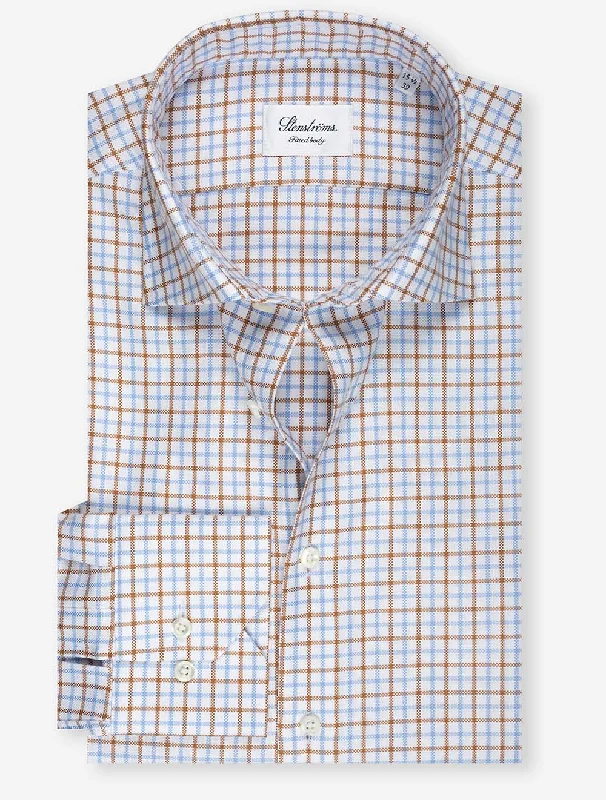 Men's Two - Tone Contrast Panel Casual Shirts in White and Navy for a Stylish and Eye - Catching DesignCheck Fitted Shirt Brown Men's Two - Tone Contrast Panel Casual Shirts in White and Navy for a Stylish and Eye - Catching DesignCheck Fitted Shirt Brown