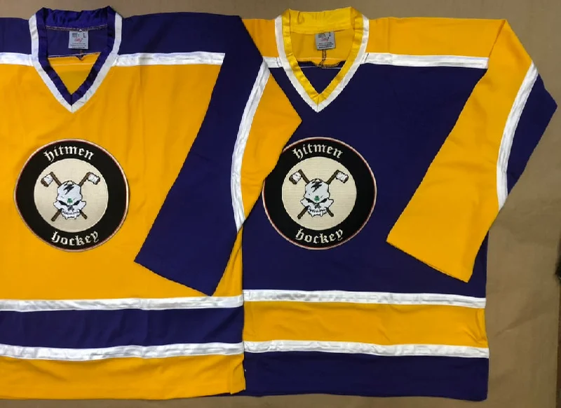 Men's Replica Hockey Jerseys of Star Players for Devoted Ice Hockey SupportersPurple and Gold Hockey Jerseys with the Hitmen Hockey Twill Logo Men's Replica Hockey Jerseys of Star Players for Devoted Ice Hockey SupportersPurple and Gold Hockey Jerseys with the Hitmen Hockey Twill Logo