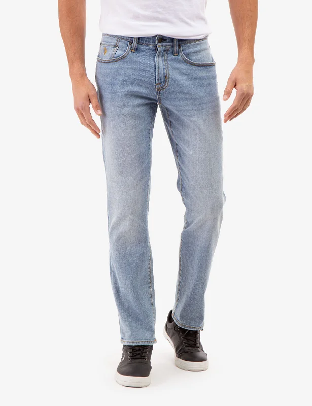 Men's Straight Leg Raw Denim Jeans for a Minimalist and Durable Option5 POCKET SLIM STRAIGHT FIT JEANS WITH SOFT ELASTIC