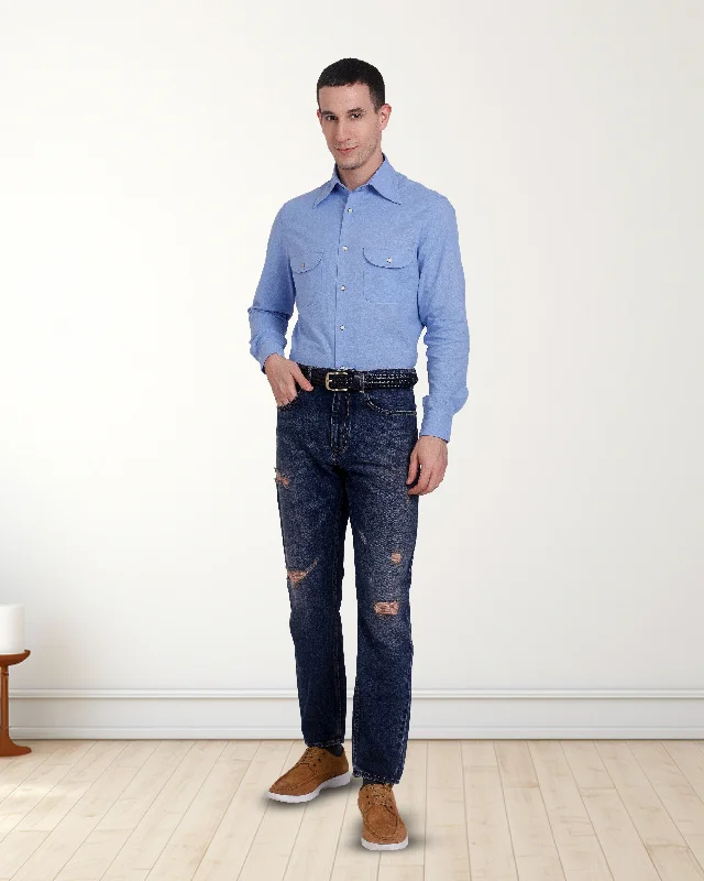 Men's Low - Rise Jeans in a Light Wash for a Casual and Youthful LookFaded Medium Indigo Washed Distressed Jeans
