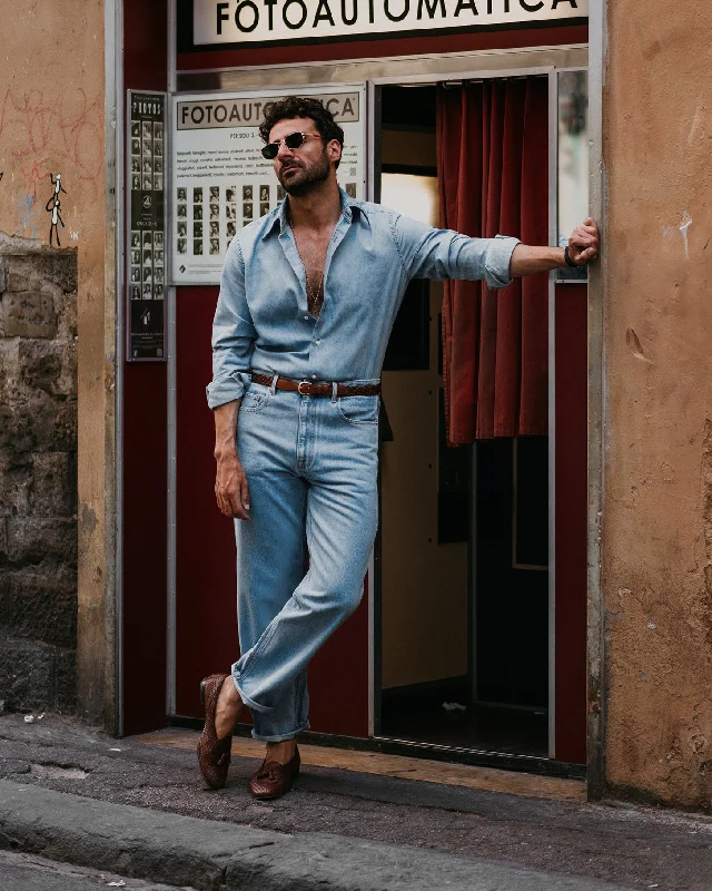Men's Jeans with a Cargo - Inspired Knee Pocket for Extra StorageFade Washed Light Blue Jeans