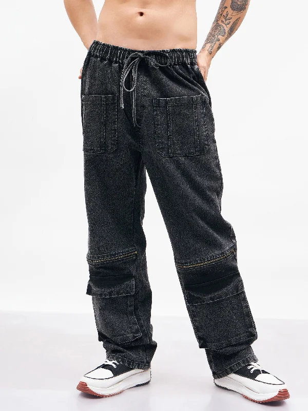 Plus Size Men's Bootcut Jeans with a Relaxed Waist for a Classic and Comfortable FitMen Black Front Zipper Baggy Fit Jeans