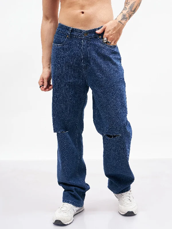Men's Distressed Jeans with Patches for a Retro and DIY - Inspired AppearanceMen Blue Knee Slit Relax Fit Jeans Men's Distressed Jeans with Patches for a Retro and DIY - Inspired AppearanceMen Blue Knee Slit Relax Fit Jeans