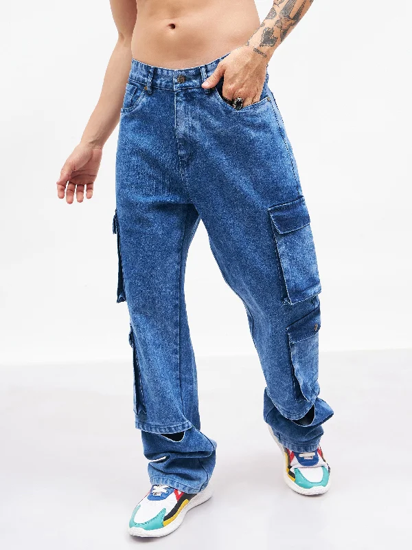 Plus Size Men's Straight Leg Jeans with Reinforced Knees for DurabilityMen Blue Washed Utility Pocket Relax Fit Jeans