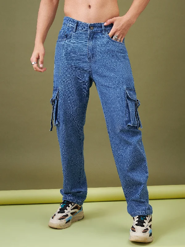Men's Jeans with a Zip - Off Lower Leg for Convertible StyleMen Ice Blue Box Pocket Relax Fit Jeans