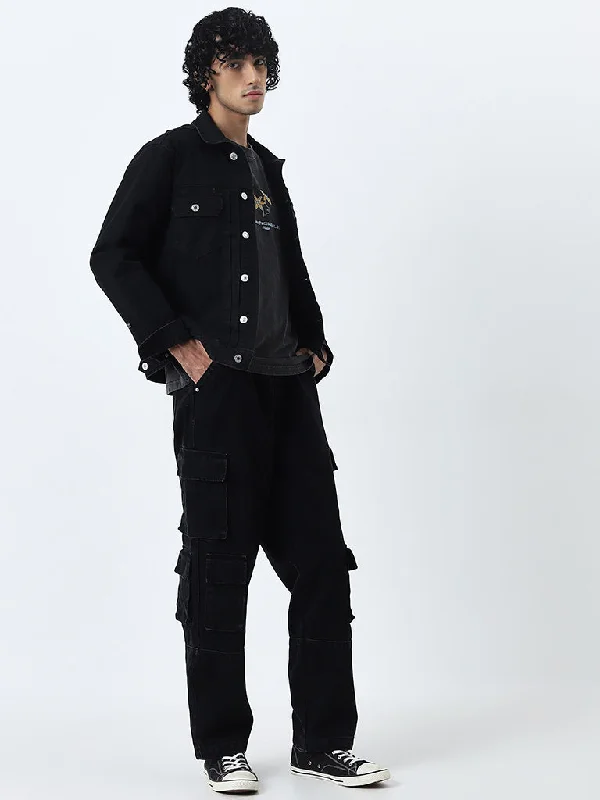 Plus Size Men's Straight Leg Jeans with Reinforced Knees for DurabilityNuon Black Cargo-Style Relaxed-Fit Mid-Rise Jeans