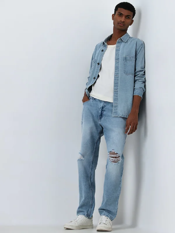 Men's Distressed Jeans with Patches for a Retro and DIY - Inspired AppearanceNuon Blue Ripped Relaxed - Fit Mid - Rise Jeans