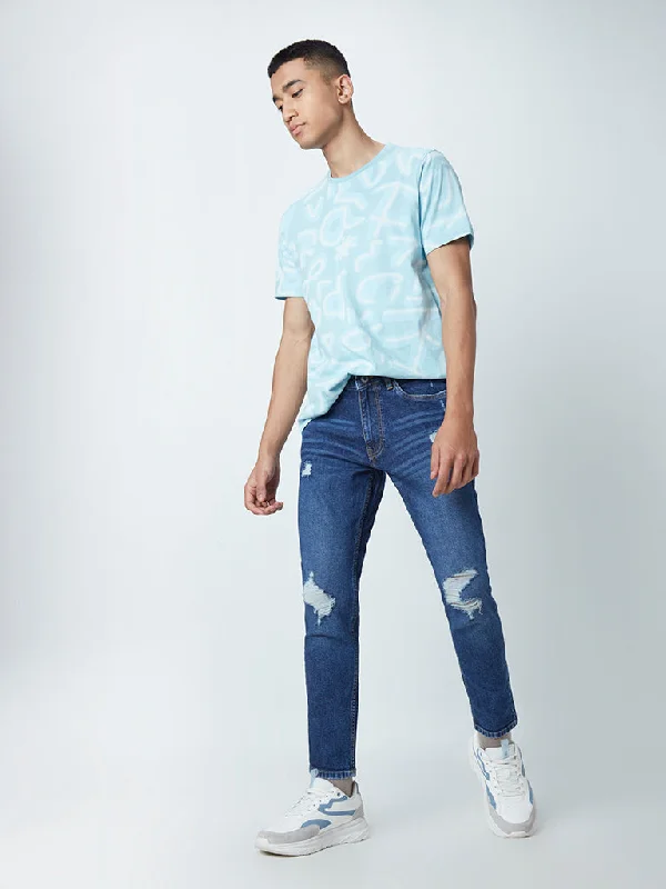 Men's Distressed Jeans with Patches for a Retro and DIY - Inspired AppearanceNuon Dark Blue Straight - Fit Mid - Rise Jeans