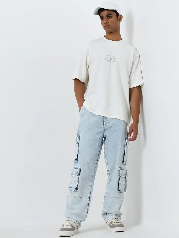Men's Slim Fit Stretch Jeans in Dark Wash for a Modern and Comfortable LookNuon Light Blue Cargo-Style Mid-Rise Relaxed-Fit Jeans