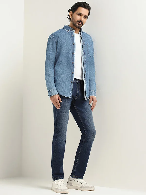 Plus Size Men's Relaxed Fit Jeans with a Faded Wash for a Vintage - Inspired LookWES Casuals Dark Blue Relaxed Fit Mid Rise Jeans