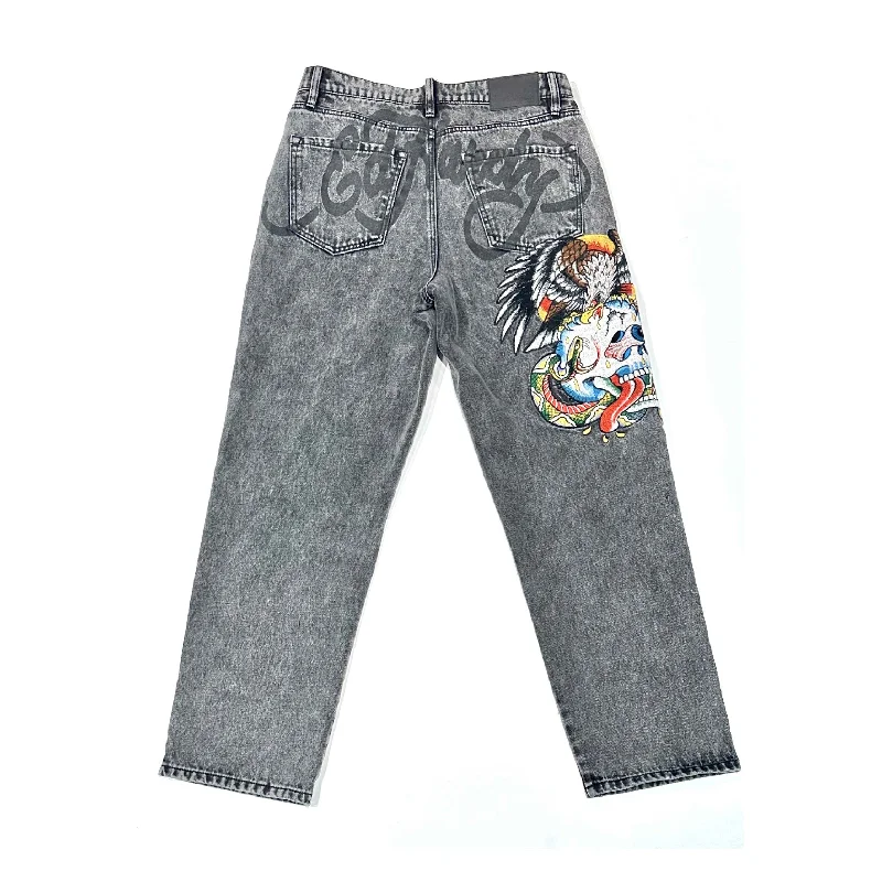 Men's Distressed Jeans with Patches for a Retro and DIY - Inspired AppearanceBattle Skull Loose Fit Jean