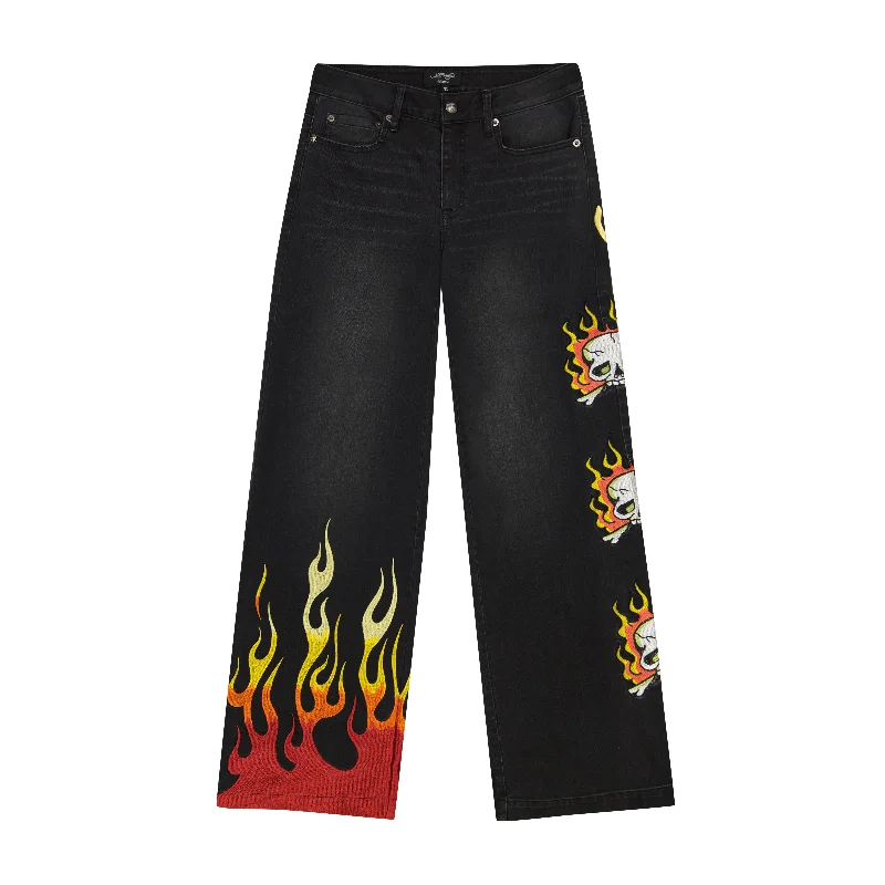 Men's Straight Leg Raw Denim Jeans for a Minimalist and Durable OptionLimited Edition Fire Skull Wide Leg Jean