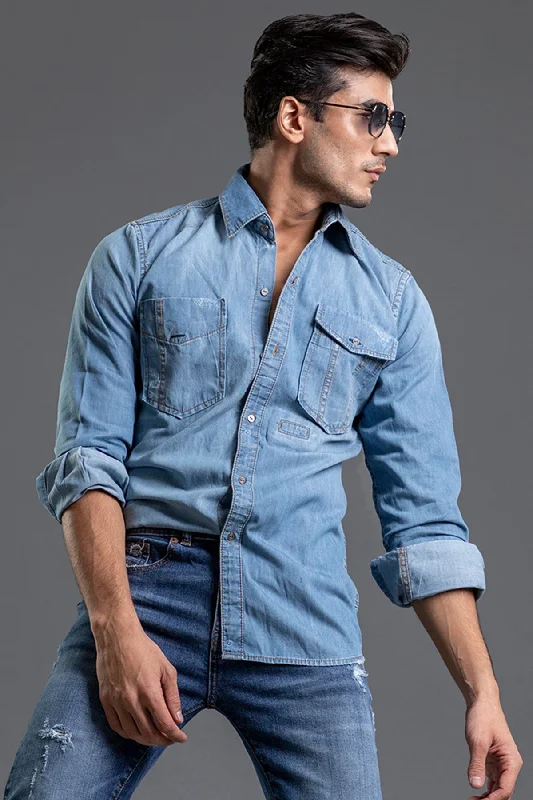 Men's Low - Rise Jeans in a Light Wash for a Casual and Youthful LookDenim Shirt (Powder Blue) Men's Low - Rise Jeans in a Light Wash for a Casual and Youthful LookDenim Shirt (Powder Blue)