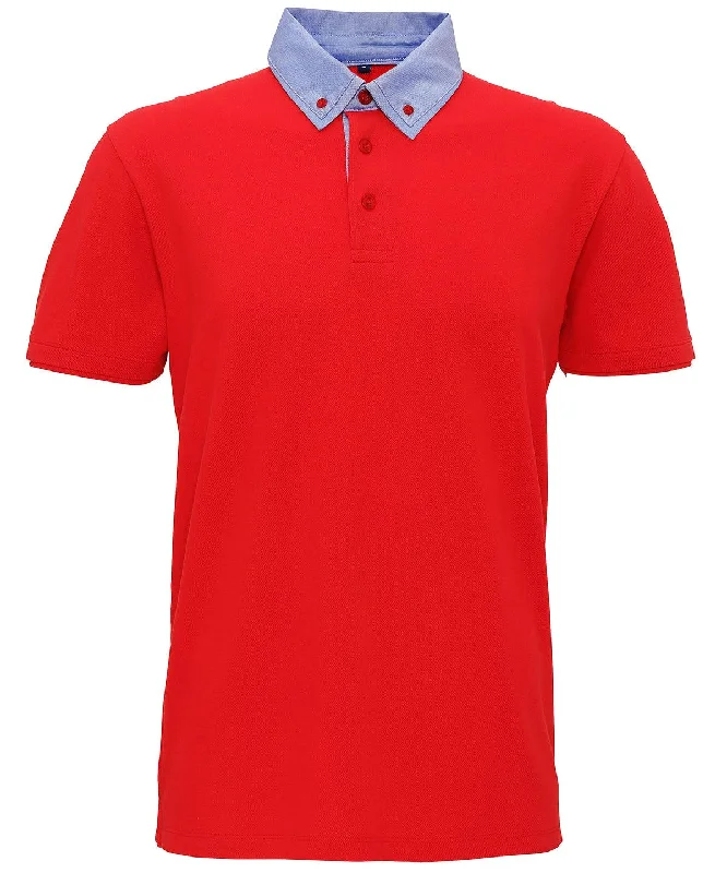 Men's Jeans with a Button - Fly for a Traditional and Classic AestheticRed/Denim - Men's chambray button-down collar polo Men's Jeans with a Button - Fly for a Traditional and Classic AestheticRed/Denim - Men's chambray button-down collar polo