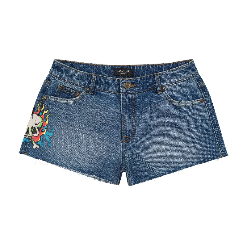 Men's Distressed Jeans with Patches for a Retro and DIY - Inspired AppearanceFlame Skull Denim Shorts Men's Distressed Jeans with Patches for a Retro and DIY - Inspired AppearanceFlame Skull Denim Shorts