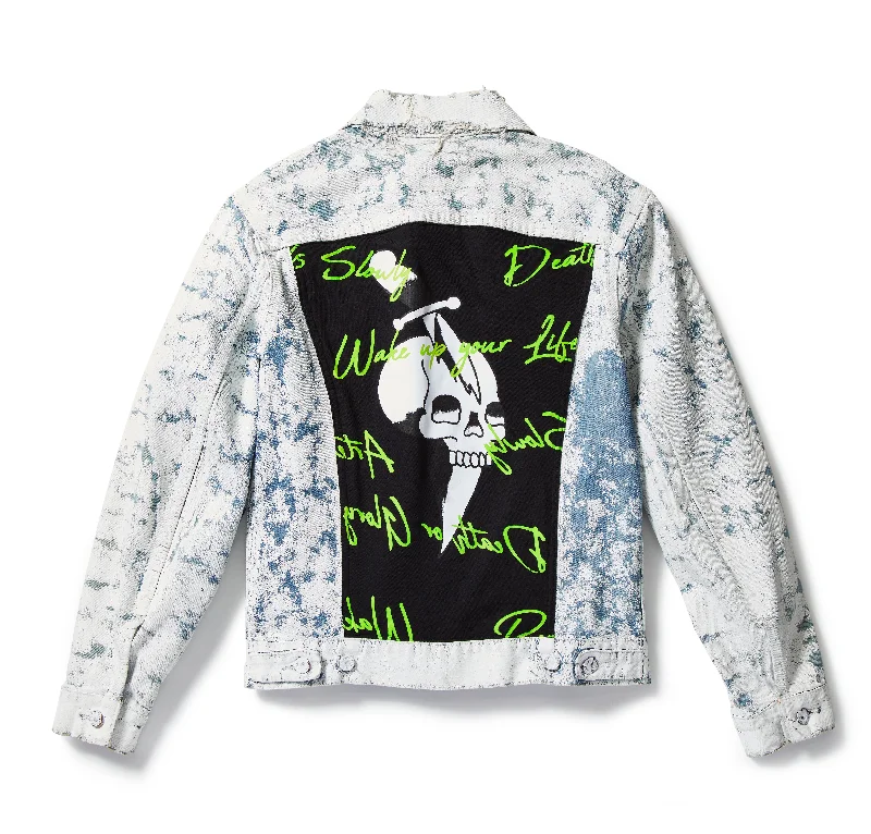 Men's Straight Leg Raw Denim Jeans for a Minimalist and Durable OptionSkull Dagger Painted Denim Jacket