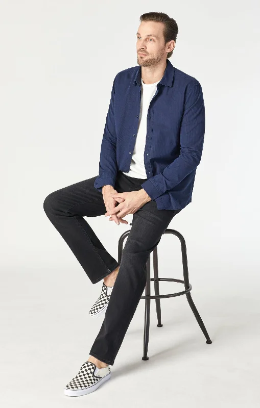 Men's Jeans with a Button - Fly for a Traditional and Classic AestheticZACH STRAIGHT LEG IN COAL BLACK FEATHER BLUE Men's Jeans with a Button - Fly for a Traditional and Classic AestheticZACH STRAIGHT LEG IN COAL BLACK FEATHER BLUE