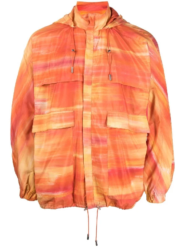 Men jackets with a built - in hood that can be stowed away when not in useAbstract-Print Hooded Jacket Men jackets with a built - in hood that can be stowed away when not in useAbstract-Print Hooded Jacket