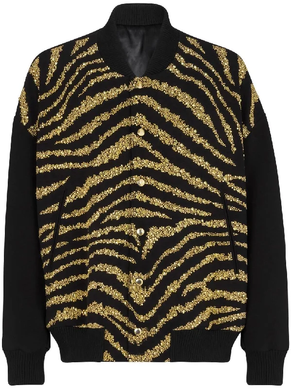 Bomber men jackets with ribbed cuffs for a classic 80s styleMetallic Zebra-Print Jacket Bomber men jackets with ribbed cuffs for a classic 80s styleMetallic Zebra-Print Jacket
