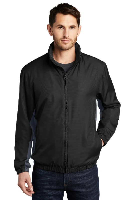 Hooded men jackets with a detachable faux - fur trim for added warmthPort Authority Mens Core Wind & Water Resistant Full Zip Jacket - Black/Battleship Grey Hooded men jackets with a detachable faux - fur trim for added warmthPort Authority Mens Core Wind & Water Resistant Full Zip Jacket - Black/Battleship Grey