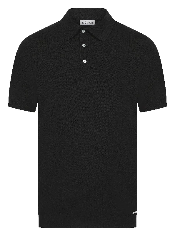 Men's slim fit short sleeve polo shirts with contrast collarsBlack Button Merino Polo Men's slim fit short sleeve polo shirts with contrast collarsBlack Button Merino Polo