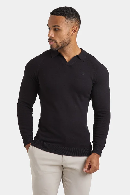Men's button - down spread collar polo shirts for business casualButtonless Open Collar Knitted Polo Shirt in Black Men's button - down spread collar polo shirts for business casualButtonless Open Collar Knitted Polo Shirt in Black