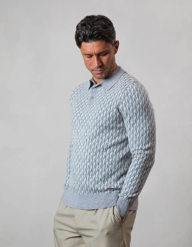 Men's two - tone stripe polo shirts with a preppy styleL/S Grey Illusion Knit Print Polo Men's two - tone stripe polo shirts with a preppy styleL/S Grey Illusion Knit Print Polo
