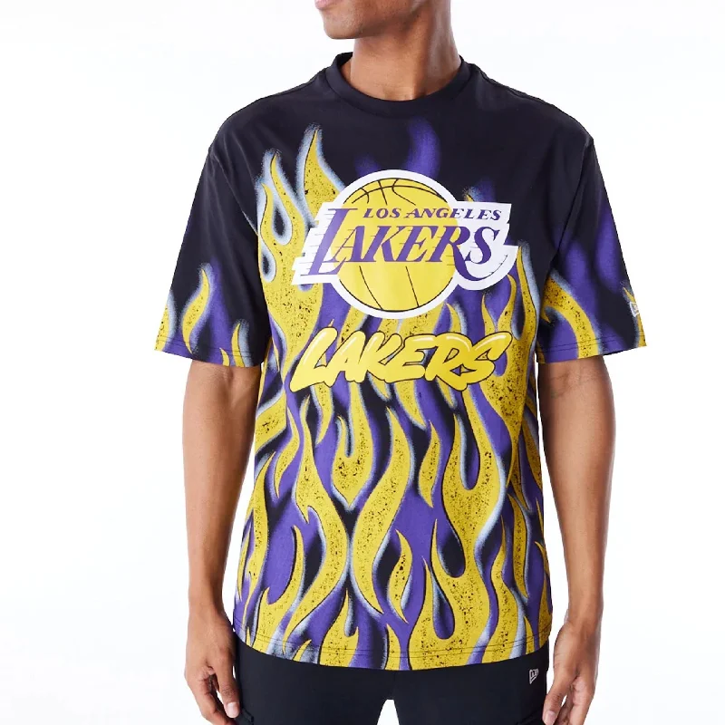 Men's button - front t - shirts with a unique artistic printLA Lakers NBA Flame Black Oversized T-Shirt Men's button - front t - shirts with a unique artistic printLA Lakers NBA Flame Black Oversized T-Shirt