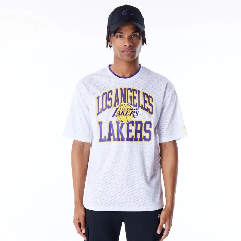 Men's distressed denim - look t - shirts with a rugged appealLA Lakers NBA Patch White Oversized Mesh T-Shirt Men's distressed denim - look t - shirts with a rugged appealLA Lakers NBA Patch White Oversized Mesh T-Shirt