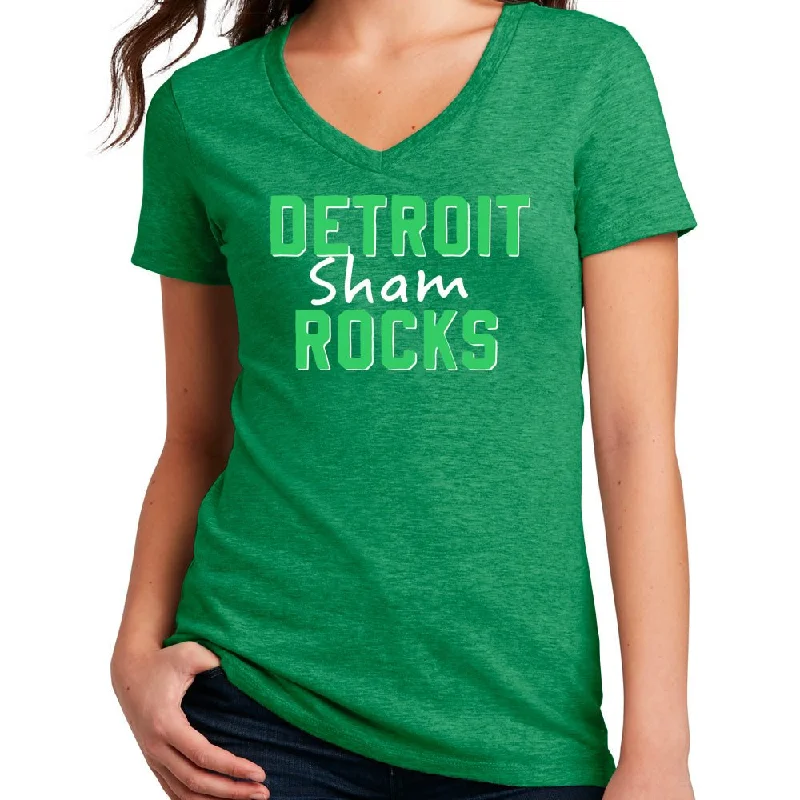 Men's slim - fit graphic t - shirts with vintage rock band printsLadies Detroit Sham Rocks St. Patrick's Day V-Neck - Heather Kelly Green Men's slim - fit graphic t - shirts with vintage rock band printsLadies Detroit Sham Rocks St. Patrick's Day V-Neck - Heather Kelly Green