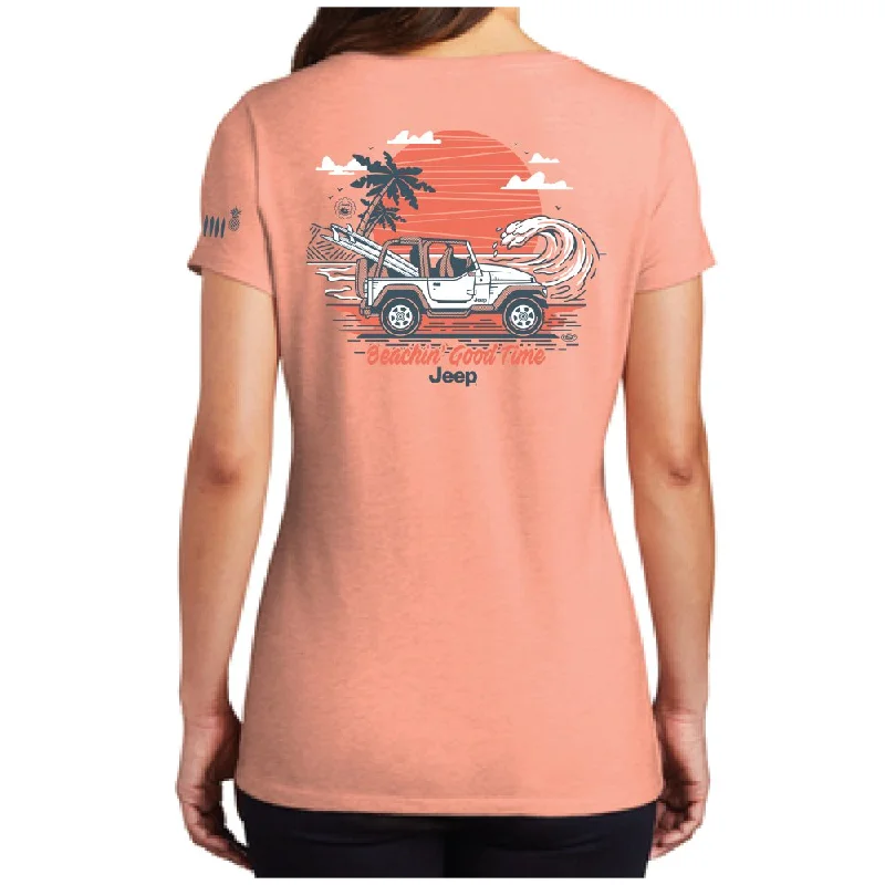 Men's polo t - shirts with a contrast collar for a preppy lookLadies Jeep® Beachin' Good Time V-neck - Heather Peach Men's polo t - shirts with a contrast collar for a preppy lookLadies Jeep® Beachin' Good Time V-neck - Heather Peach