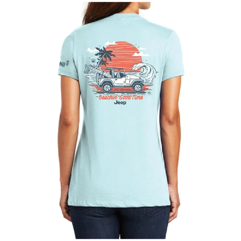 Men's button - front t - shirts with a unique artistic printLadies Jeep® Wrangler Beachin' Good Time V-neck - Seaglass Blue Men's button - front t - shirts with a unique artistic printLadies Jeep® Wrangler Beachin' Good Time V-neck - Seaglass Blue
