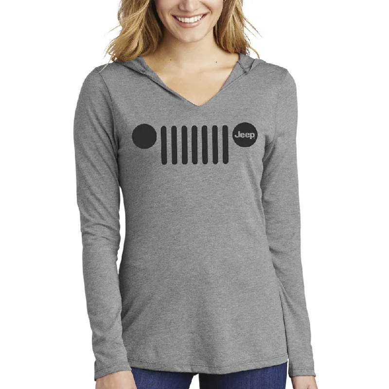 Men's slim - fit graphic t - shirts with vintage rock band printsLadies Jeep® Grille Text Triblend Hooded Pullover - Grey Heather Men's slim - fit graphic t - shirts with vintage rock band printsLadies Jeep® Grille Text Triblend Hooded Pullover - Grey Heather