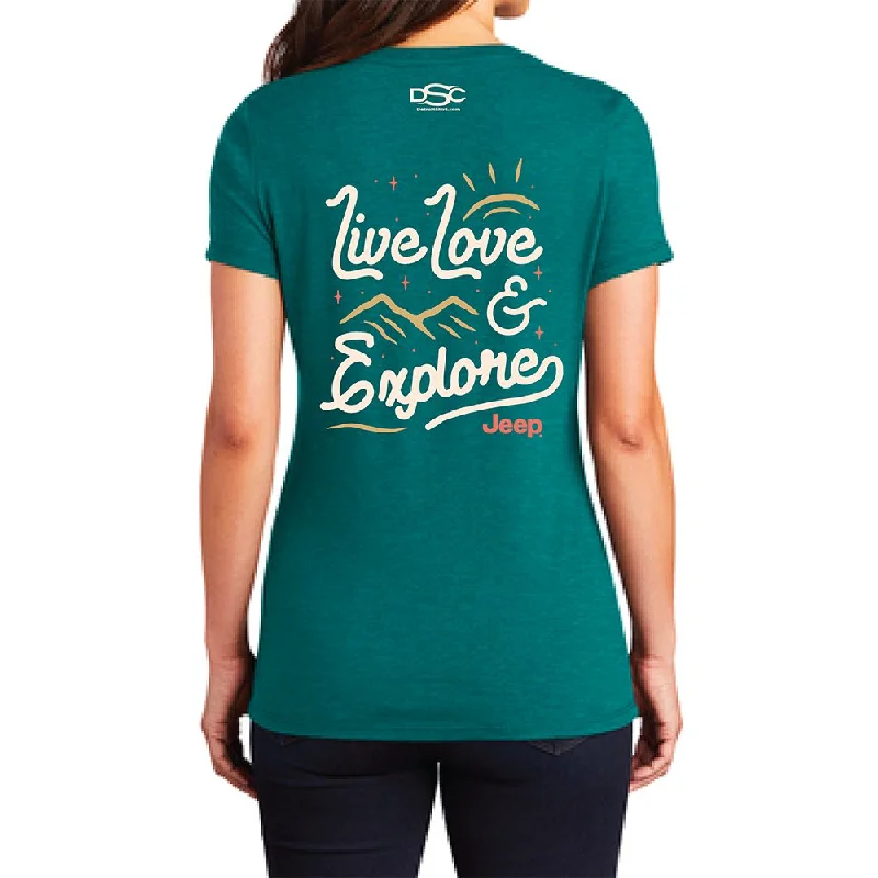 Men's short - sleeve linen t - shirts for summer beach outingsLadies Jeep® V-neck Live Love Explore - Heather Teal Men's short - sleeve linen t - shirts for summer beach outingsLadies Jeep® V-neck Live Love Explore - Heather Teal