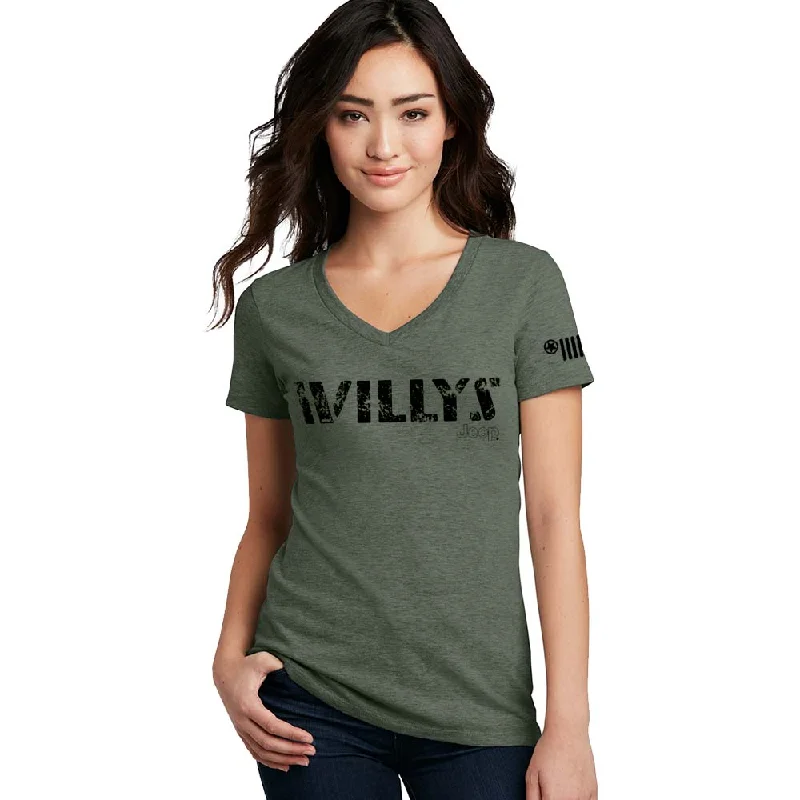 Men's short - sleeve linen t - shirts for summer beach outingsLadies Jeep® Willys Text V-neck - Heather Military Green Men's short - sleeve linen t - shirts for summer beach outingsLadies Jeep® Willys Text V-neck - Heather Military Green