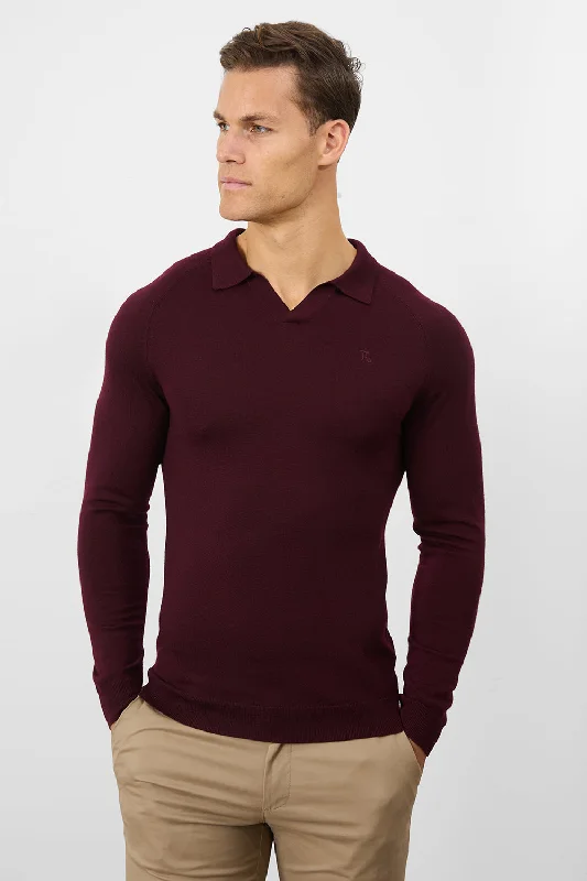 Men's button - down spread collar polo shirts for business casualMerino Wool Buttonless Open Collar Polo Shirt in Claret Men's button - down spread collar polo shirts for business casualMerino Wool Buttonless Open Collar Polo Shirt in Claret