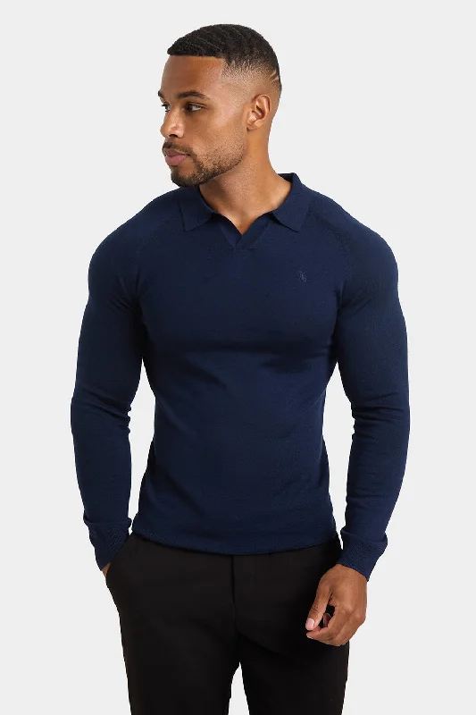 Men's vintage - inspired retro polo shirts with unique patternsMerino Wool Buttonless Open Collar Polo Shirt in Navy Men's vintage - inspired retro polo shirts with unique patternsMerino Wool Buttonless Open Collar Polo Shirt in Navy