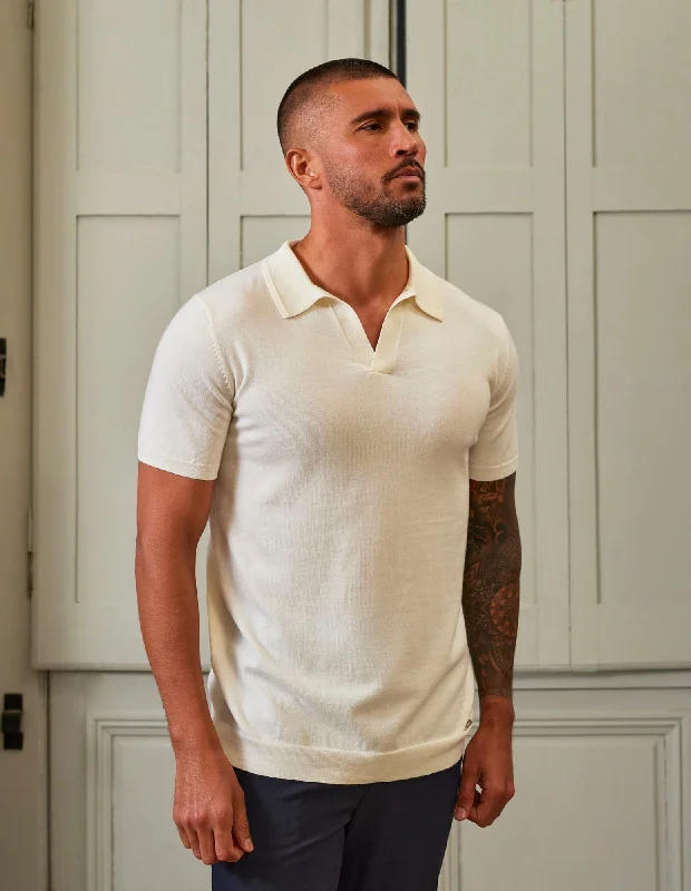 Men's jacquard woven polo shirts with intricate designsOff White Open Collar Knit Polo Men's jacquard woven polo shirts with intricate designsOff White Open Collar Knit Polo