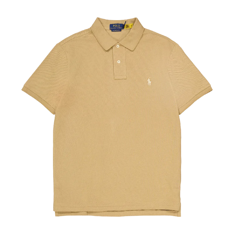 Men's two - tone stripe polo shirts with a preppy styleCustom Slim Fit Mesh Polo Shirt Cafe Tan Men's two - tone stripe polo shirts with a preppy styleCustom Slim Fit Mesh Polo Shirt Cafe Tan