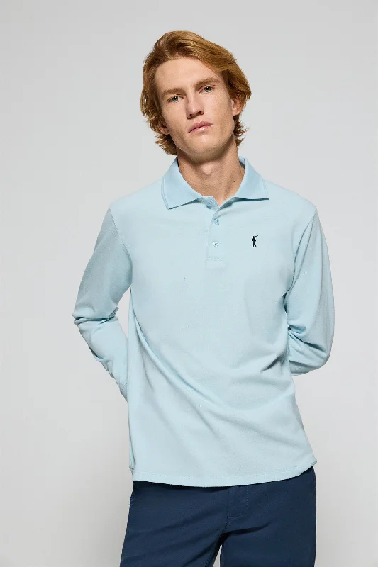 Men's stretchable athletic polo shirts for fitness workoutsPolo de manga larga de tres botones en azul claro con logo Rigby Go Men's stretchable athletic polo shirts for fitness workoutsPolo de manga larga de tres botones en azul claro con logo Rigby Go