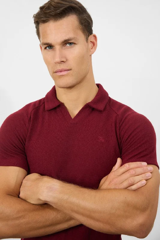 Men's formal - style silk blend polo shirts for special occasionsTextured Open Collar Polo Shirt in Claret Men's formal - style silk blend polo shirts for special occasionsTextured Open Collar Polo Shirt in Claret