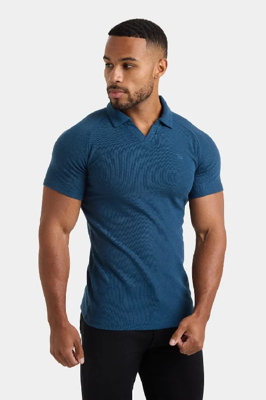 Men's button - down spread collar polo shirts for business casualTextured Open Collar Polo Shirt in Teal Men's button - down spread collar polo shirts for business casualTextured Open Collar Polo Shirt in Teal