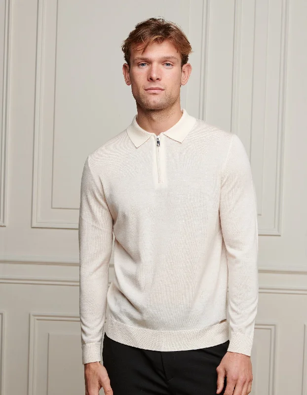 Men's jacquard woven polo shirts with intricate designsWhite 1/4 Zip L/S Polo