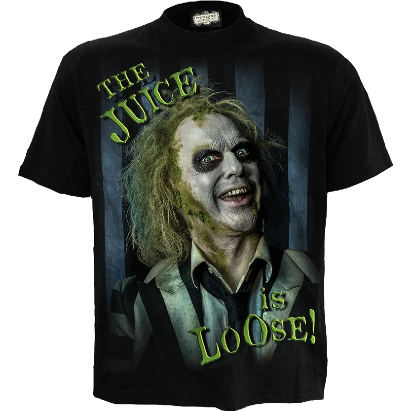 Men's short - sleeve linen t - shirts for summer beach outingsBEETLEJUICE 2 - JUICE IS LOOSE - Front Print T-Shirt Black Men's short - sleeve linen t - shirts for summer beach outingsBEETLEJUICE 2 - JUICE IS LOOSE - Front Print T-Shirt Black